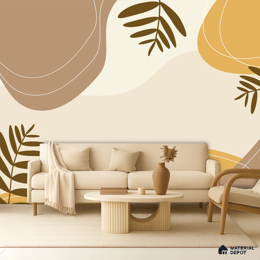 Minimalist living room with abstract patterned wallpaper and beige upholstery in Bengaluru