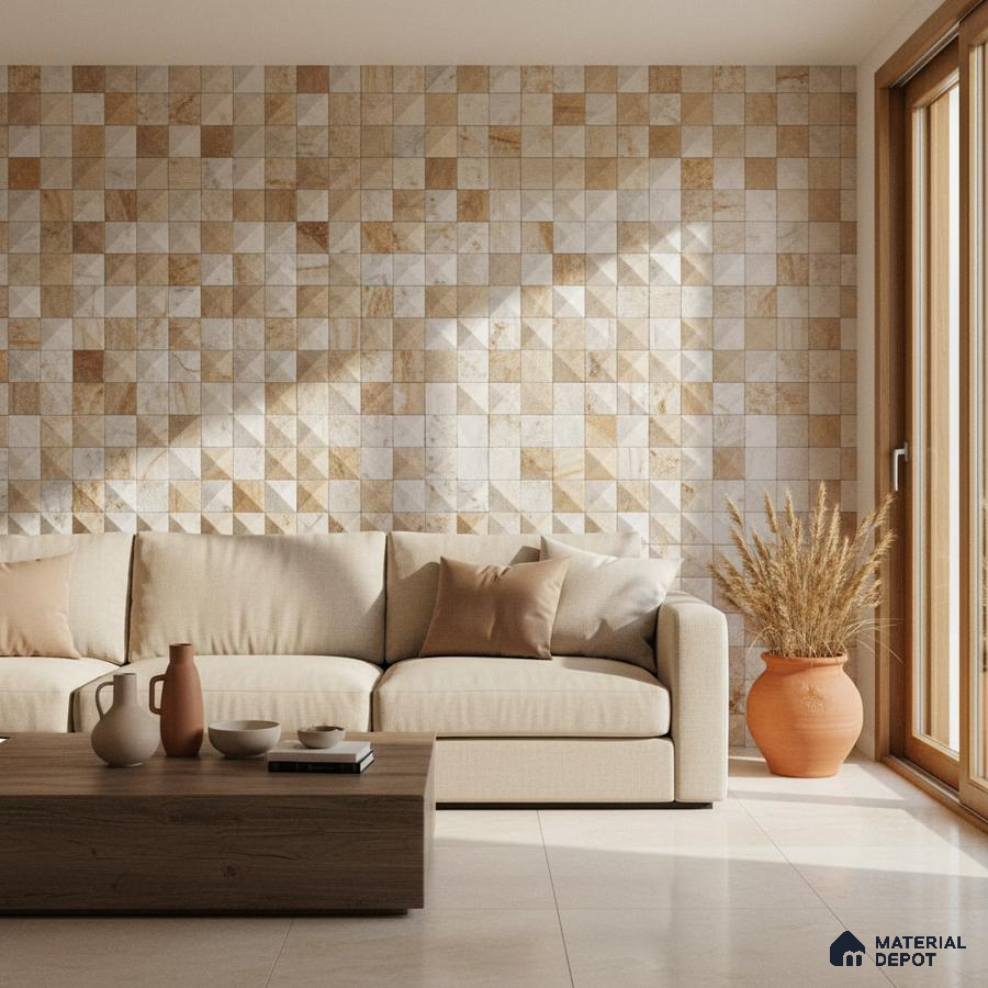 Minimalist living room with beige geometric stone wall tiles and light beige floor tiles in Bengaluru