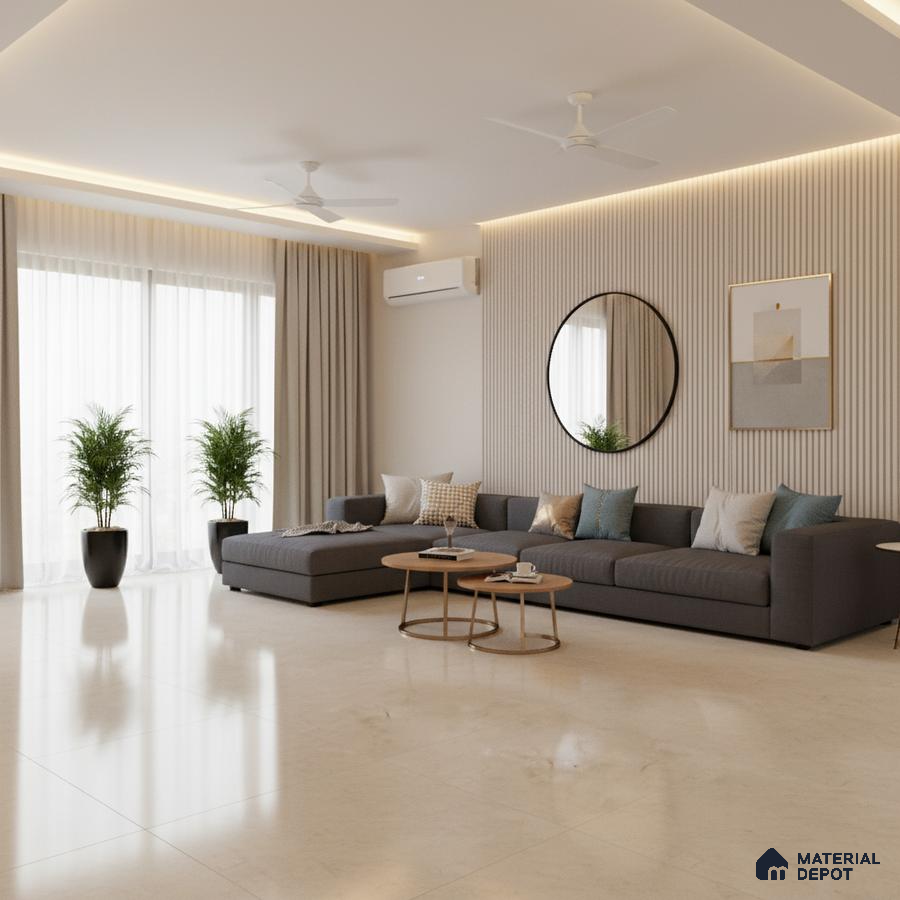 Minimalist living room with beige marble floor tiles and fluted wall panels in Bengaluru
