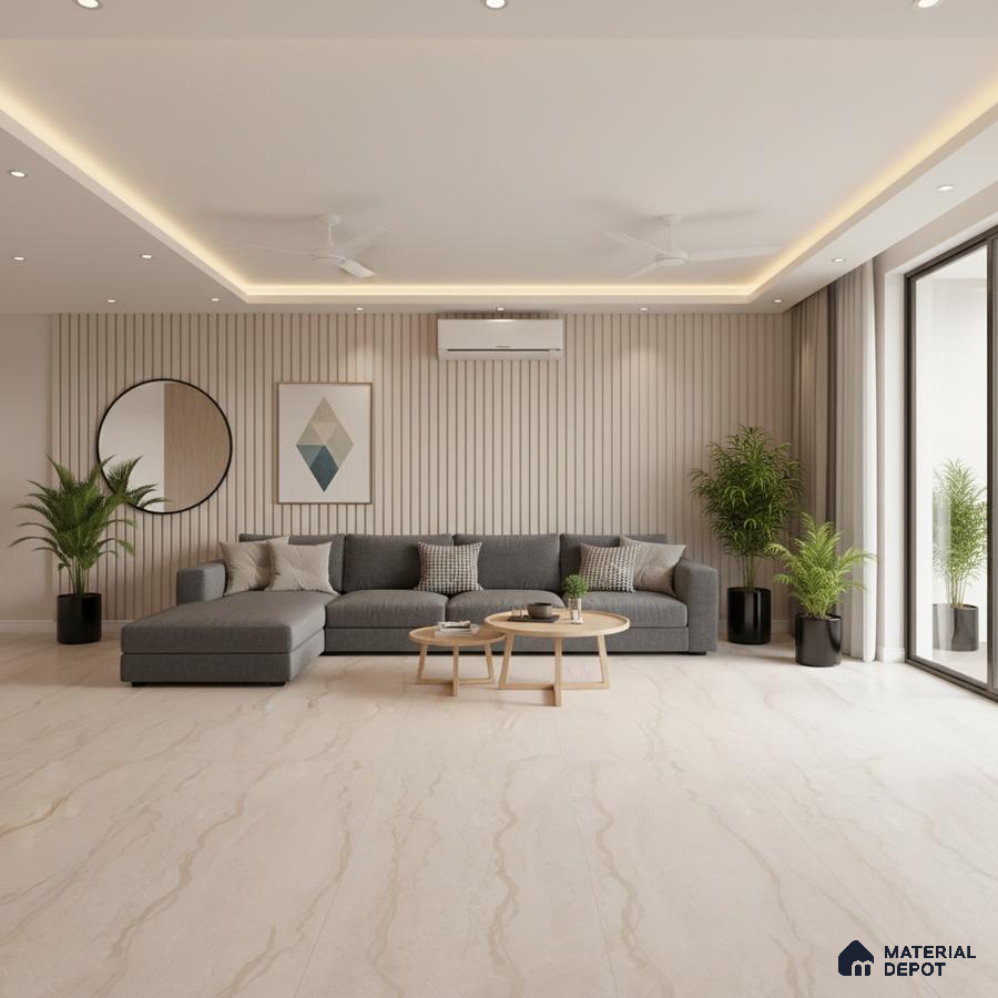 Minimalist living room with beige marble floor tiles and light wood fluted wall panels in Bengaluru