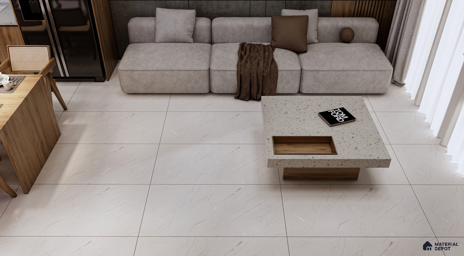 Minimalist Living Room with Cream Textured Tiles | Material Depot