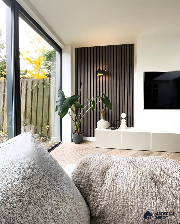Minimalist Living Room with Fluted Accent Wall and Natural Lighting | Material Depot