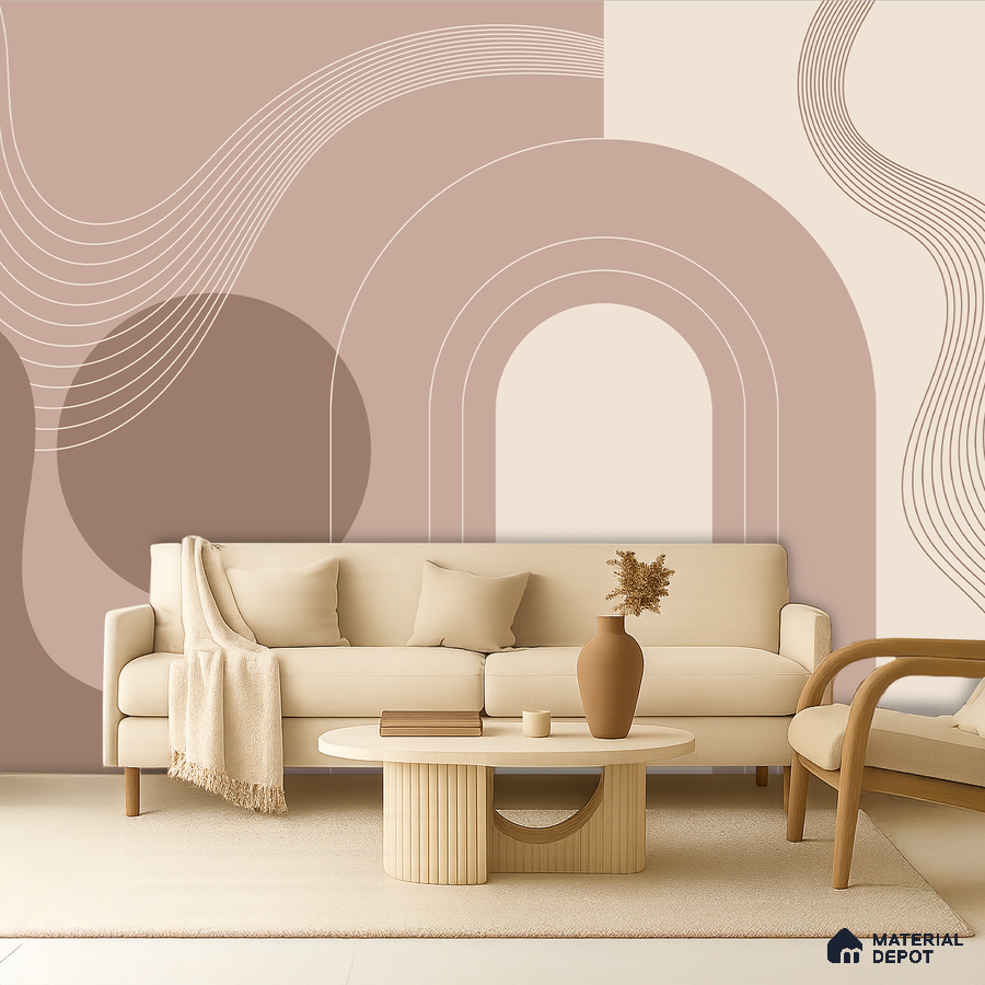 Minimalist living room with geometric abstract wallpaper and beige upholstery in Bengaluru