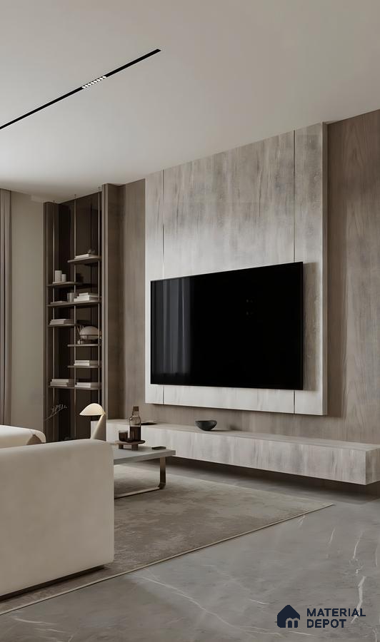 Minimalist Living Room With Stone & Wood Tv Unit | Material Depot