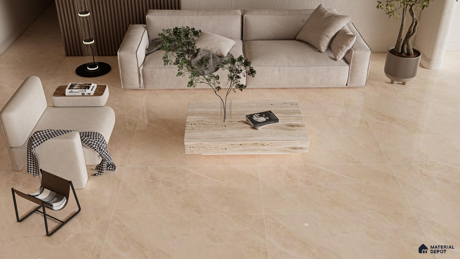 Minimalist Living Room with Warm Creamy Beige Marble Look Flooring | Material Depot