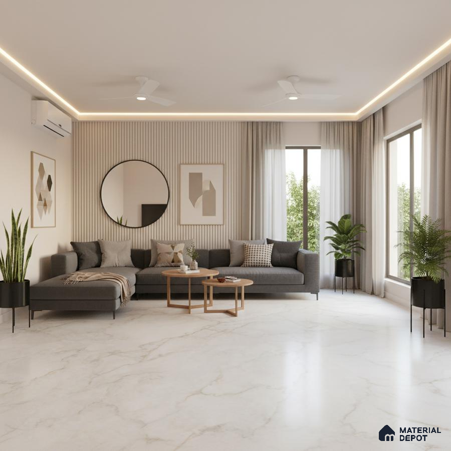 Minimalist living room with white marble floor tiles and beige fluted wall panels in Bengaluru