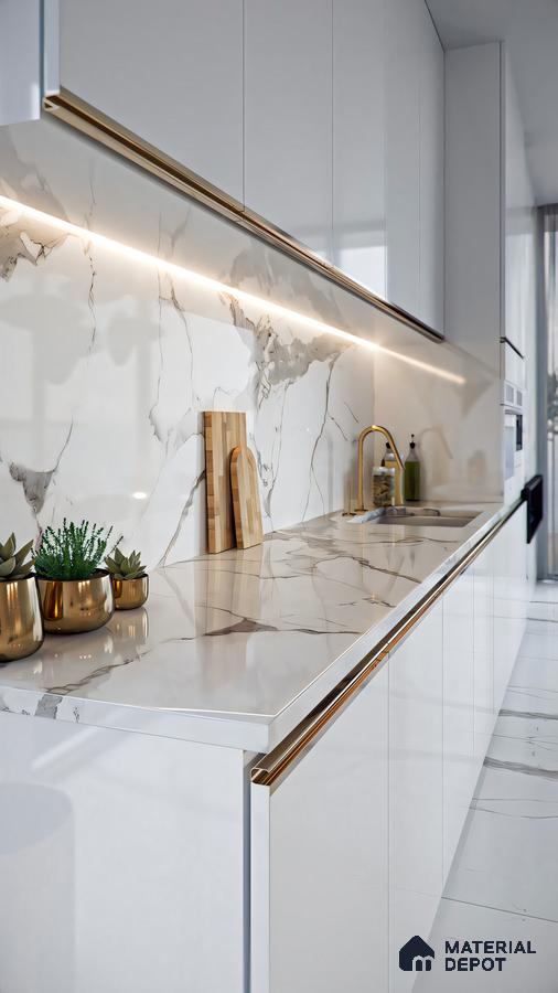 Minimalist Marvel: Modern Kitchen with Marble Backsplash | Material Depot
