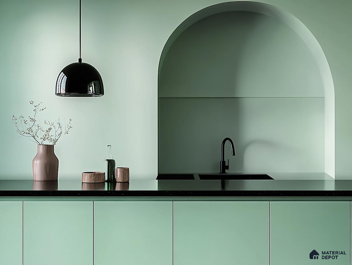 Minimalist Mint Green Kitchen with Sleek Arch Detail | Material Depot
