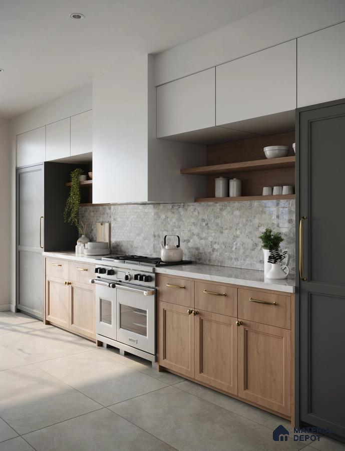 Minimalist Modern Kitchen with White and Grey Tiled Backsplash, Wood Cabinets, and Terrazzo Floor | Material Depot