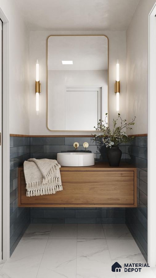 Minimalist Modern Powder Room with Blue Tiled Backsplash, Wood Vanity, and Marble Floor | Material Depot