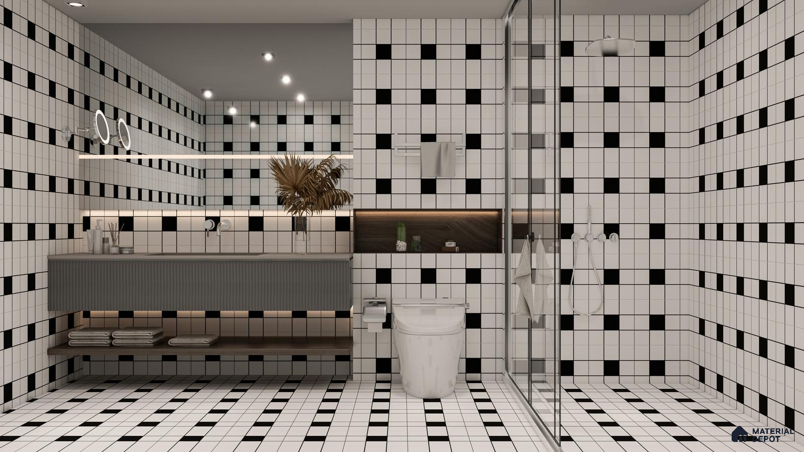 Modern Bathroom with Diagonal Grid Accent Wall and Soft Grey Tiles | Material Depot