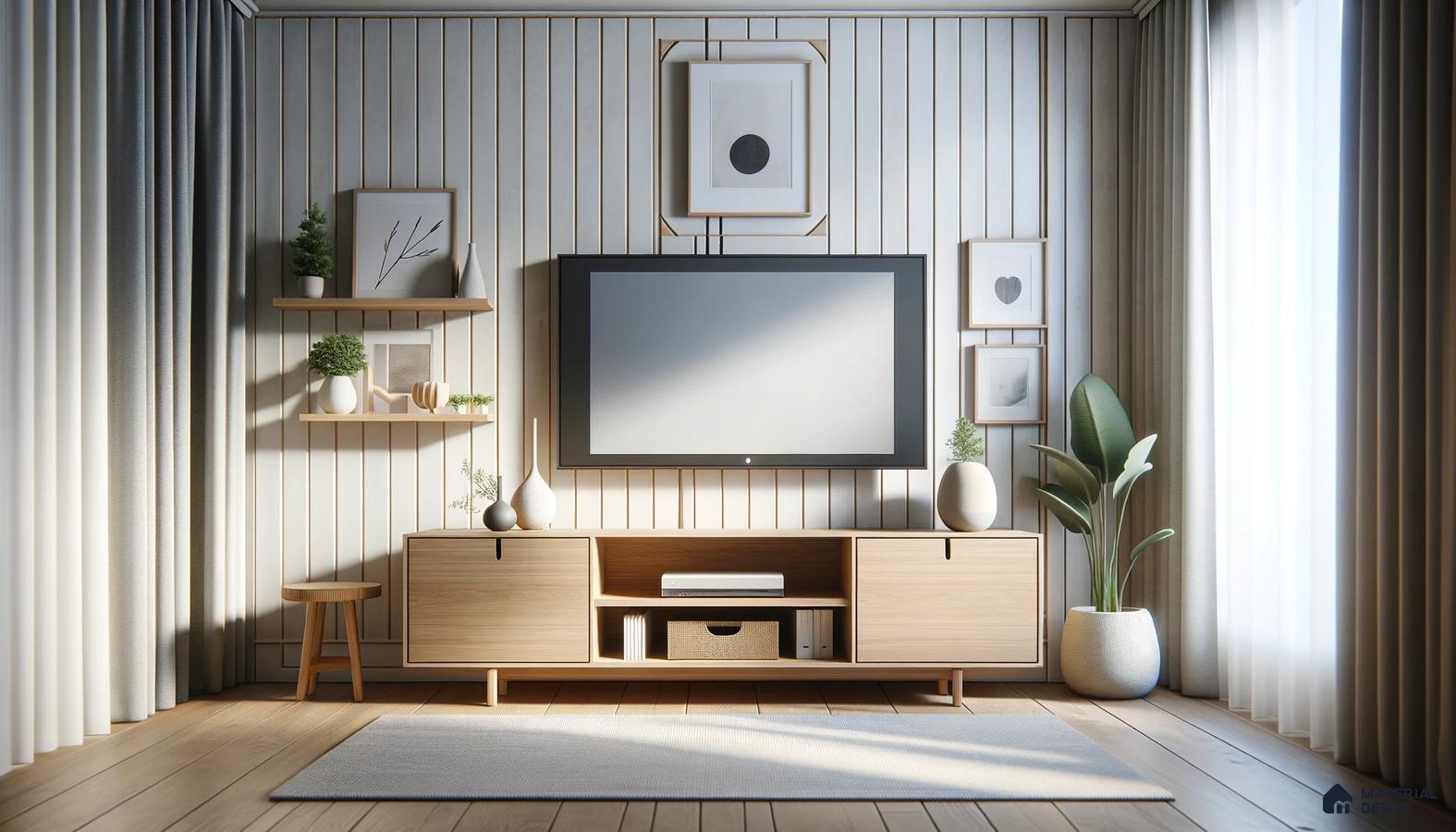 Minimalist Nordic Retreat with Streamlined Entertainment Set Against Vertical Lines | Material Depot