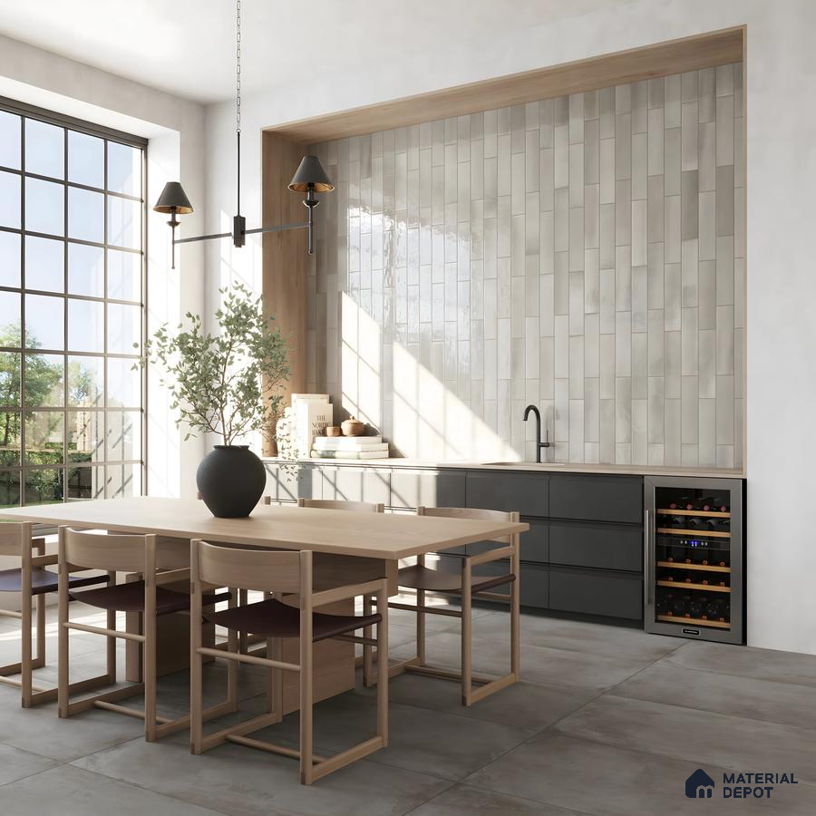 Minimalist Stone with Glossy Subway Tiles and Black Laminate Sobha Dream Acres Panathur | Material Depot