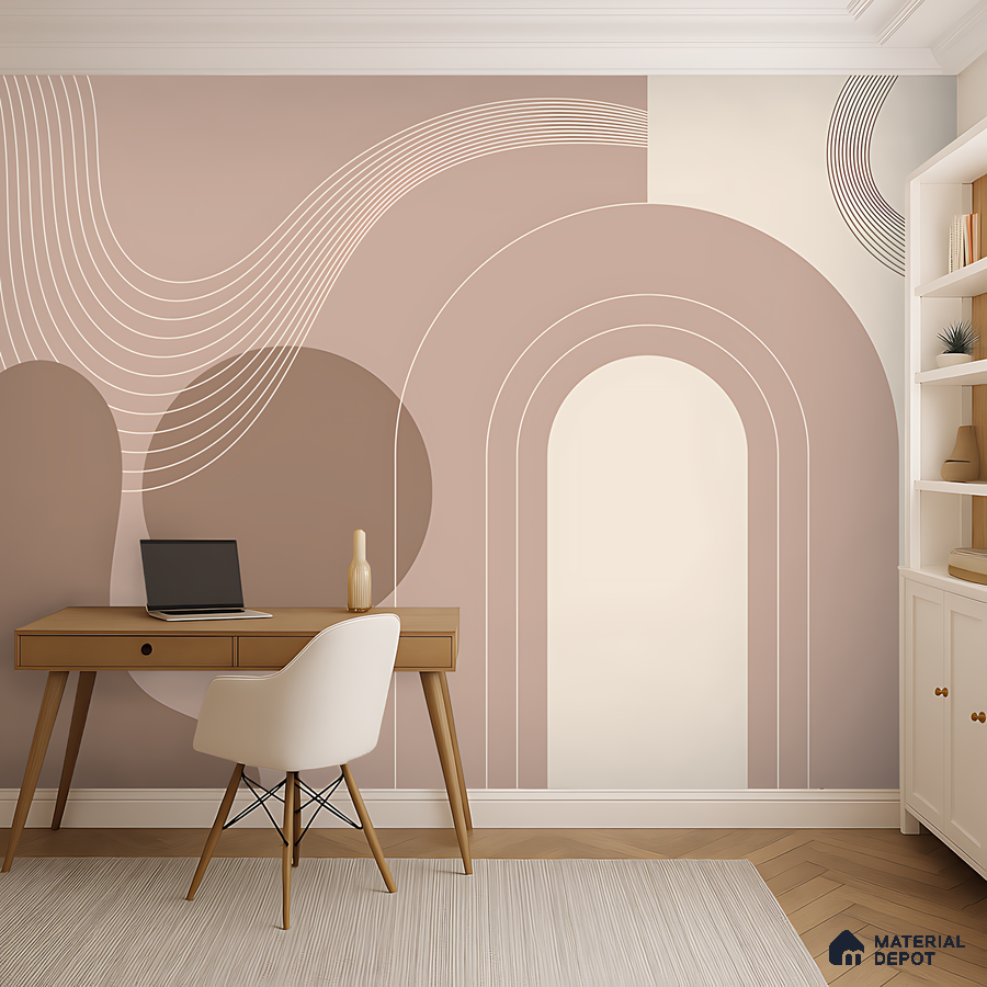 Minimalist study room with abstract geometric wallpaper and light wood desk in Bengaluru