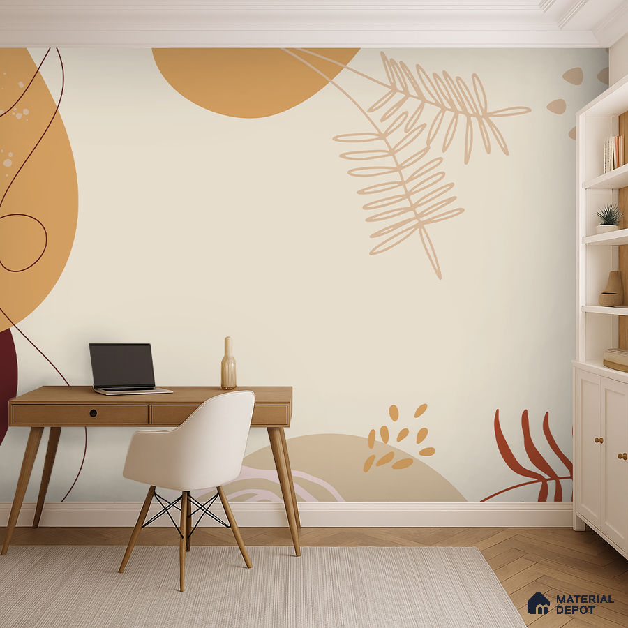 Minimalist study room with abstract patterned wallpaper and light wood desk in Bengaluru
