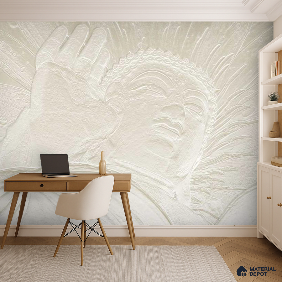 Minimalist study room with Buddha embossed wallpaper and light wood desk in Bengaluru