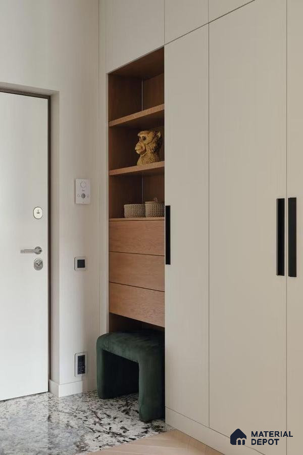 Minimalist Wardrobe with beige laminate cabinets, natural wood open shelving, and granite floor tile | Material Depot