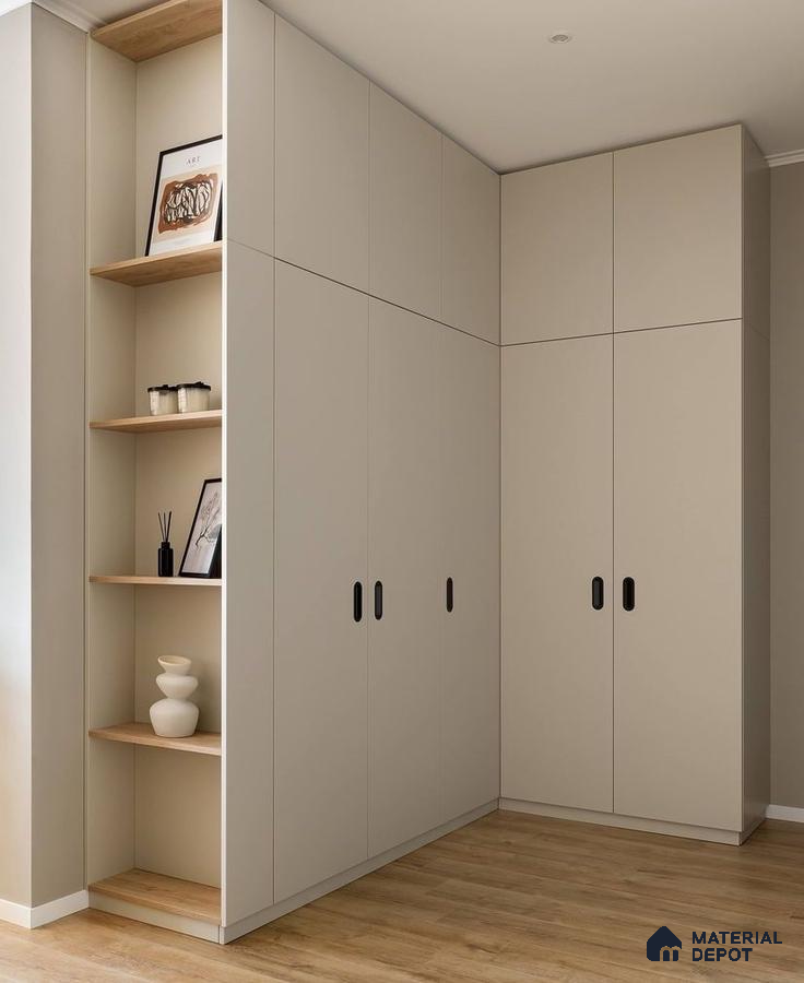 Minimalist wardrobe with frosty beige laminate shutters and natural oak open shelves | Material Depot
