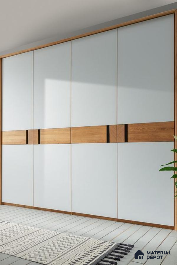 Minimalist wardrobe with frosty white laminate and natural oak wood accent panels | Material Depot