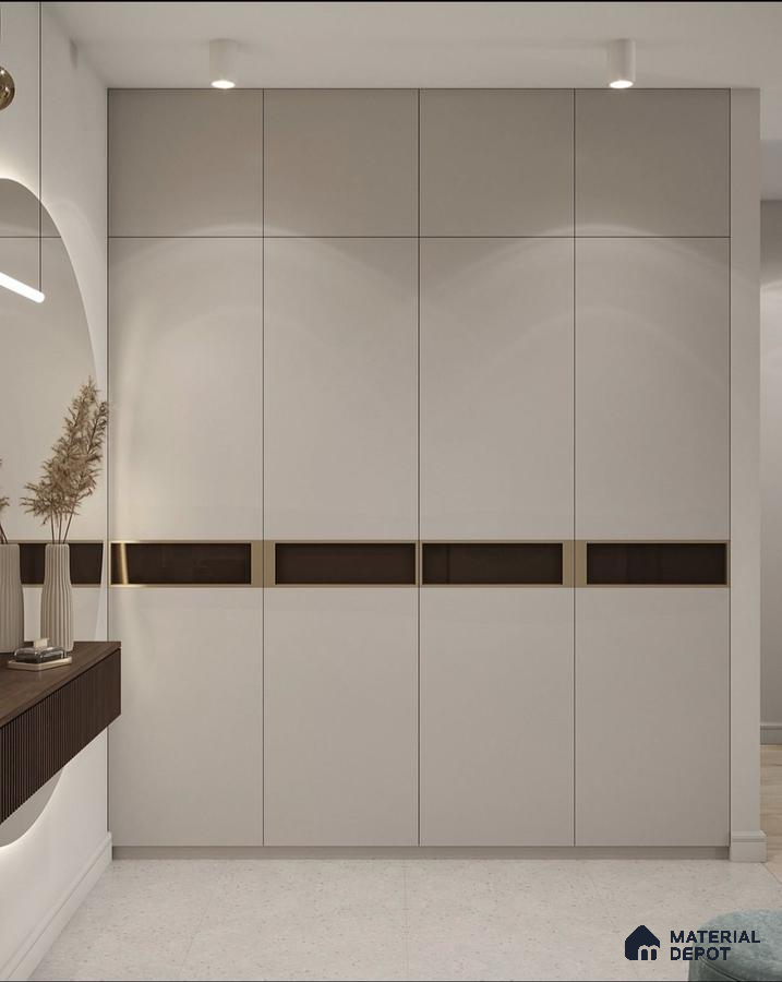 Minimalist wardrobe with frosty white laminate shutters and brown glass inserts | Material Depot
