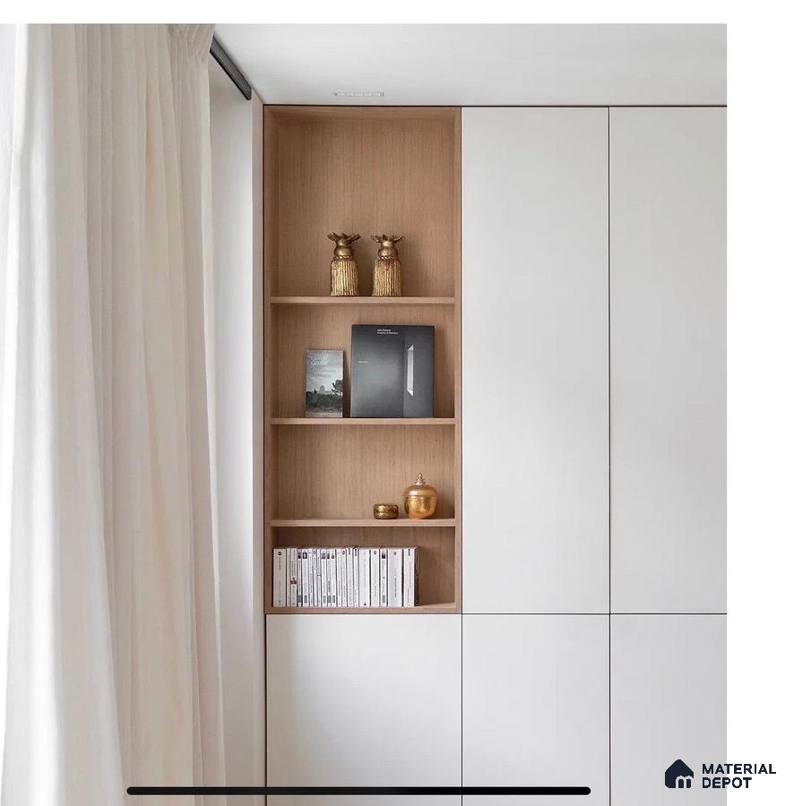 Minimalist wardrobe with frosty white laminate shutters and light oak open shelving | Material Depot