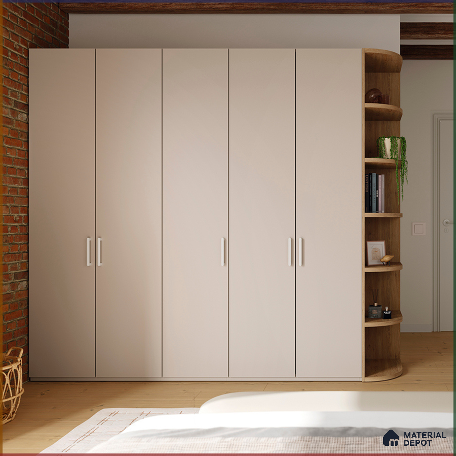 Minimalist wardrobe with frosty white laminate shutters and natural oak open shelving | Material Depot