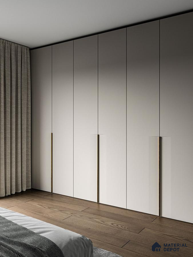 Minimalist wardrobe with frosty white laminate shutters and walnut brown wooden flooring | Material Depot