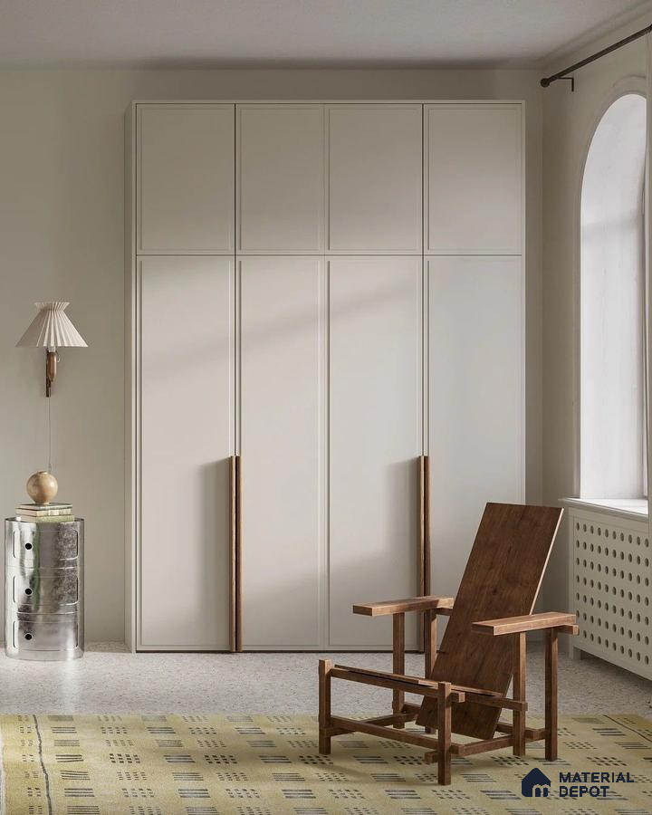 Minimalist wardrobe with frosty white laminate shutters and walnut wood handles | Material Depot