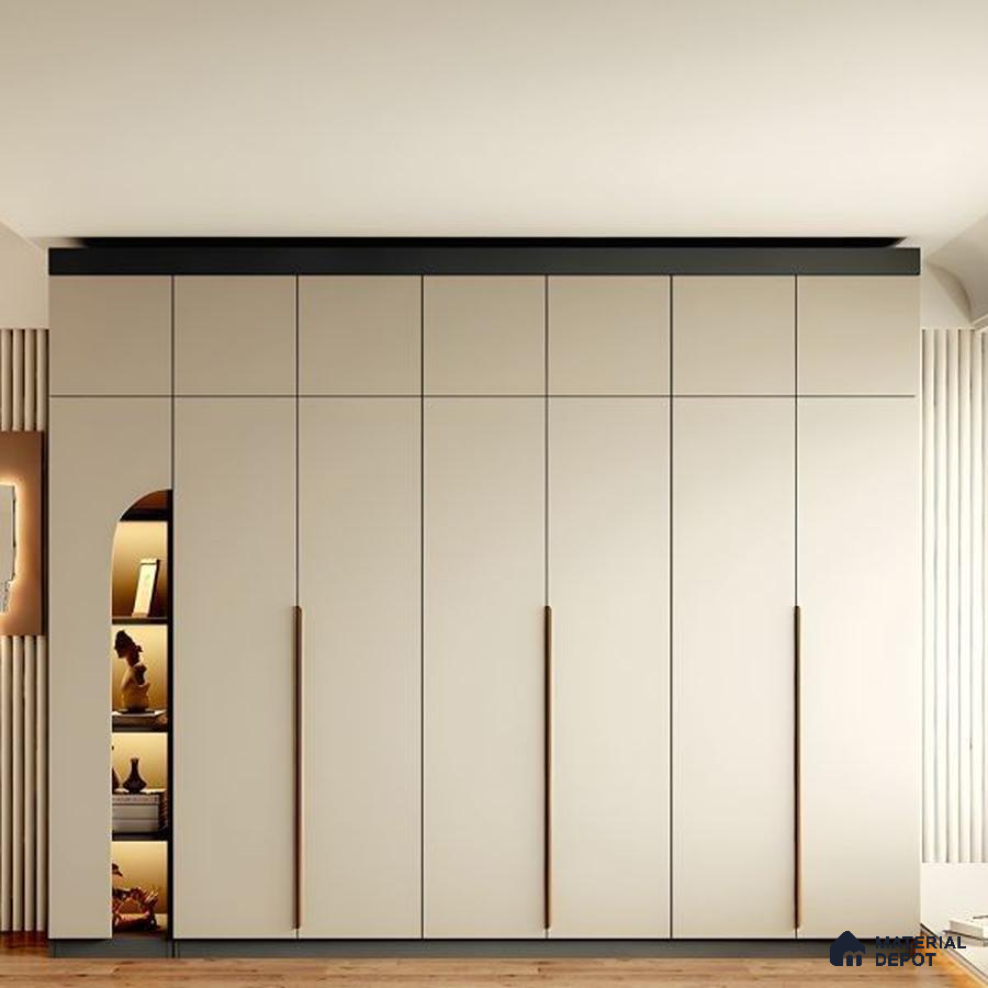 Minimalist wardrobe with frosty white matte laminate shutters and wooden handles | Material Depot