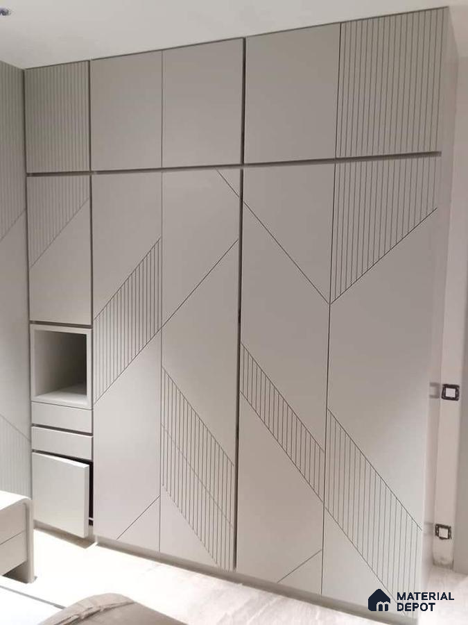 Minimalist wardrobe with frosty white solid color laminate and geometric line pattern | Material Depot