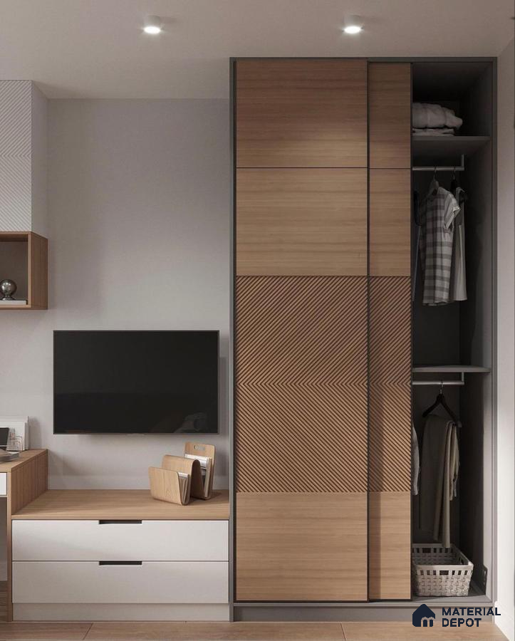 Minimalist wardrobe with light oak wood laminate and chevron patterned panels in bedroom | Material Depot
