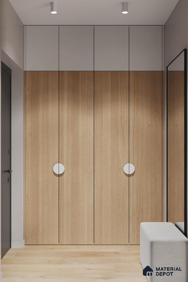 Minimalist wardrobe with light oak wood laminate and frosty white laminate in entryway | Material Depot