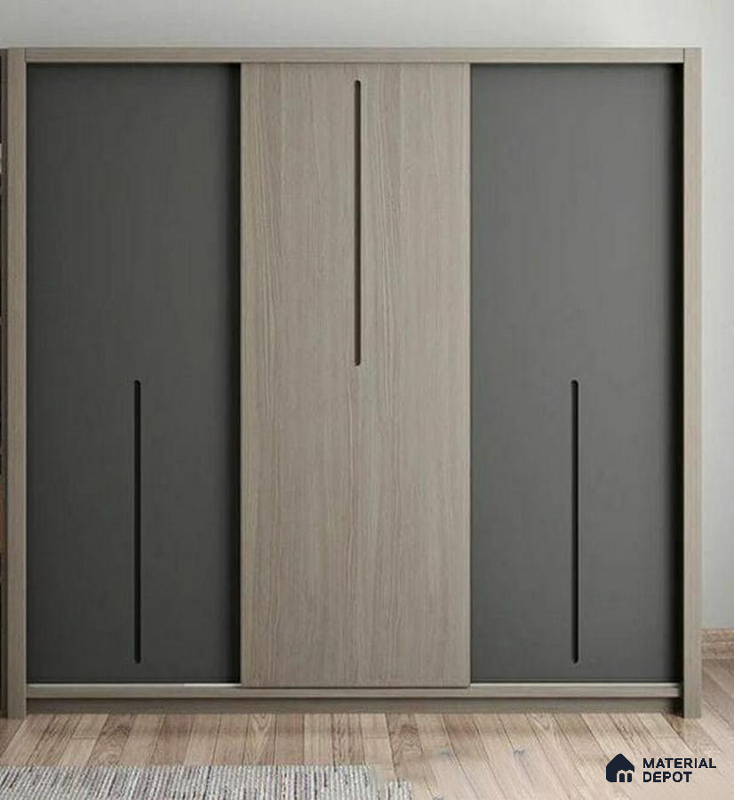 Minimalist wardrobe with light oak wood laminate and matte charcoal grey laminate shutters | Material Depot