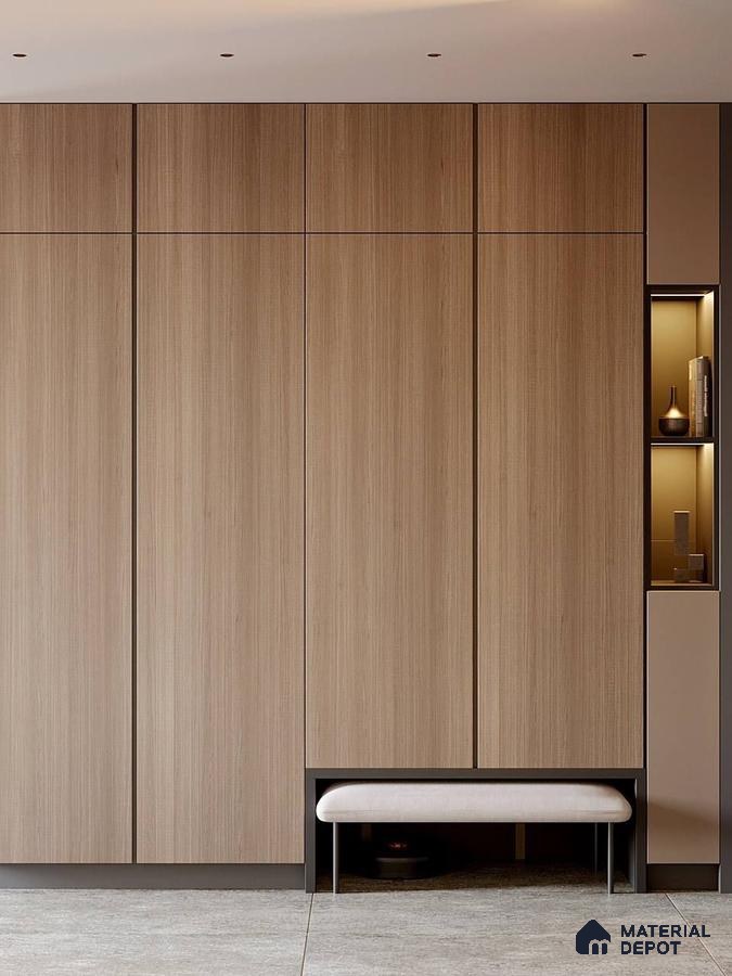 Minimalist Wardrobe with light oak wood laminate panels and built-in bench | Material Depot