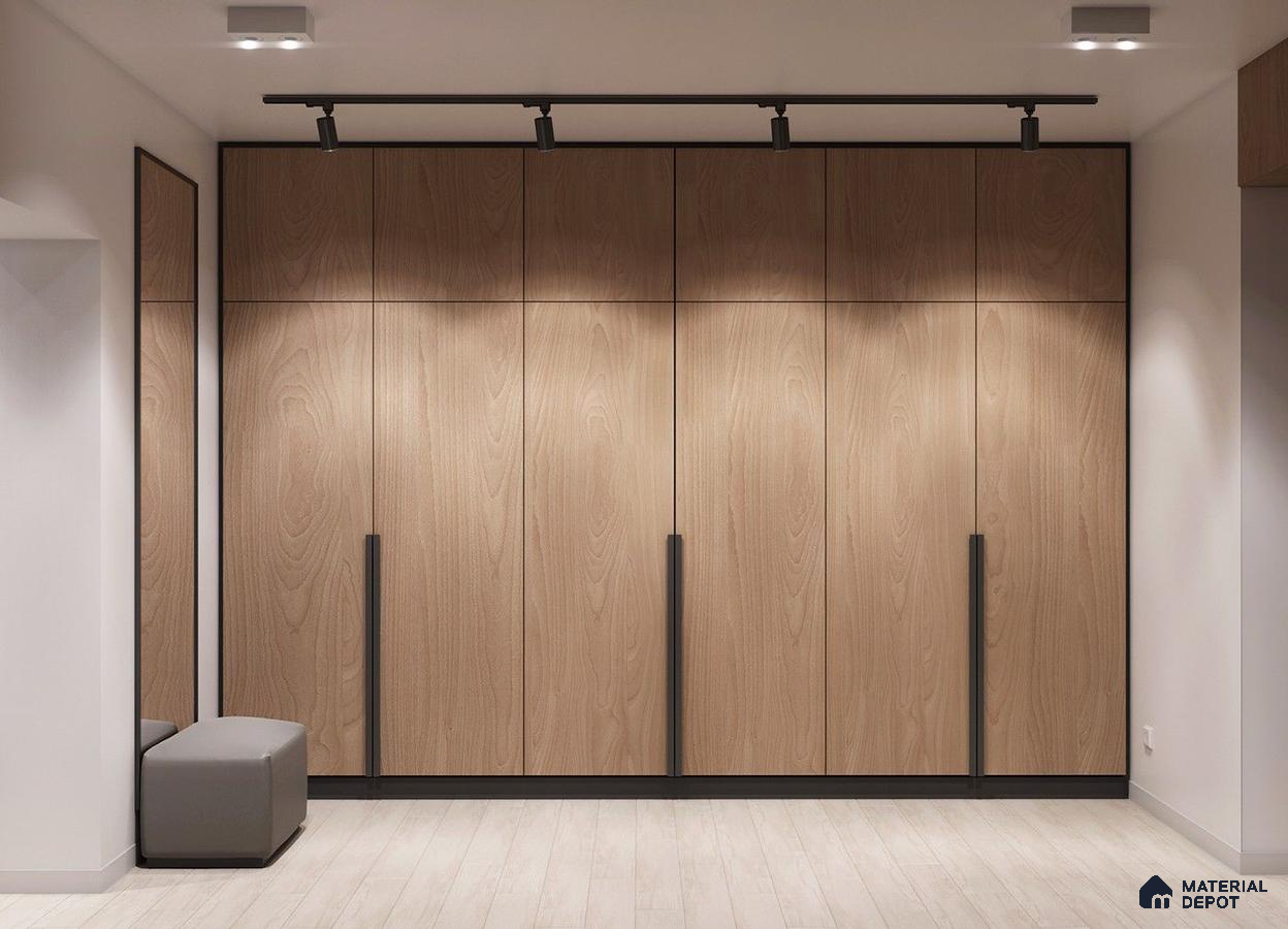 Minimalist wardrobe with light oak wood laminate shutters and pale wood flooring | Material Depot