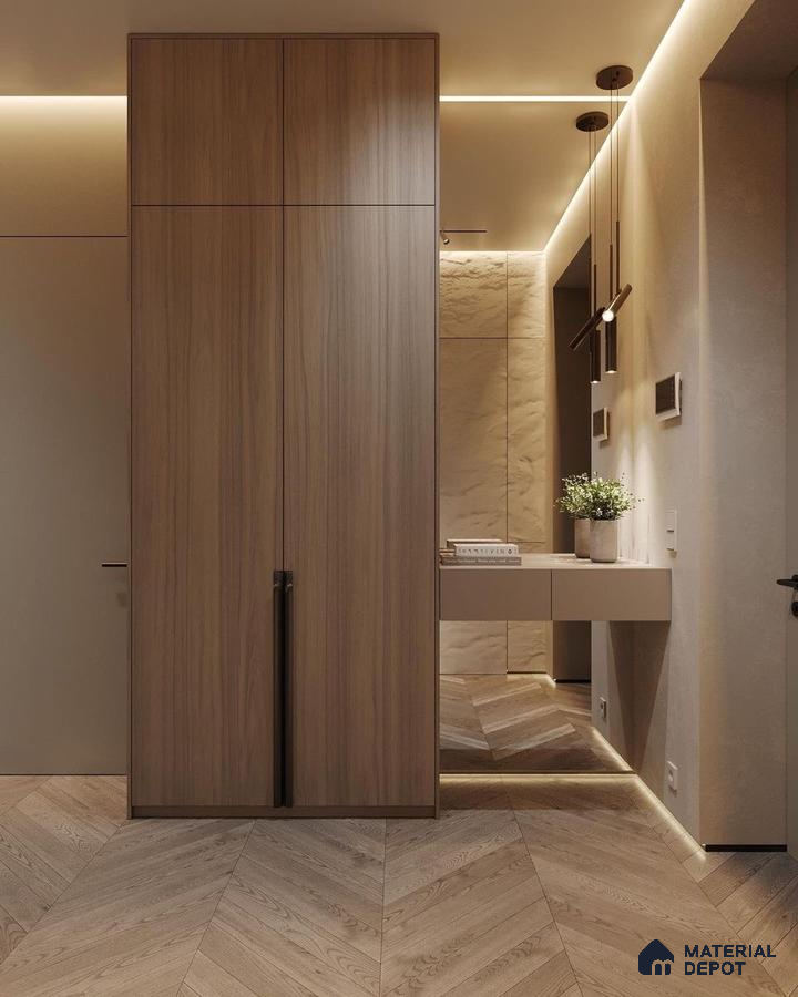 Minimalist Wardrobe with light oak wood laminate wardrobe, beige wall panels, and chevron wooden flooring | Material Depot
