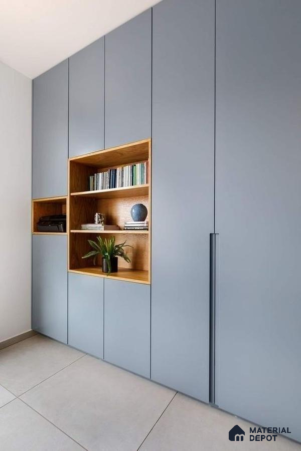 Minimalist wardrobe with matte blue laminate shutters and natural oak open shelves | Material Depot