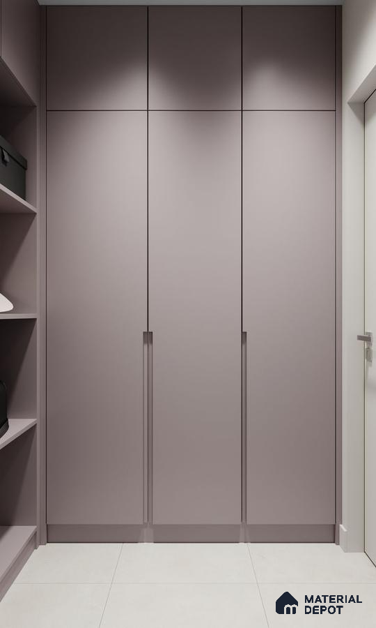 Minimalist wardrobe with matte mauve laminate shutters and light beige floor tiles | Material Depot