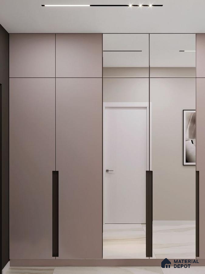 Minimalist wardrobe with matte taupe laminate and full-height mirror shutters | Material Depot