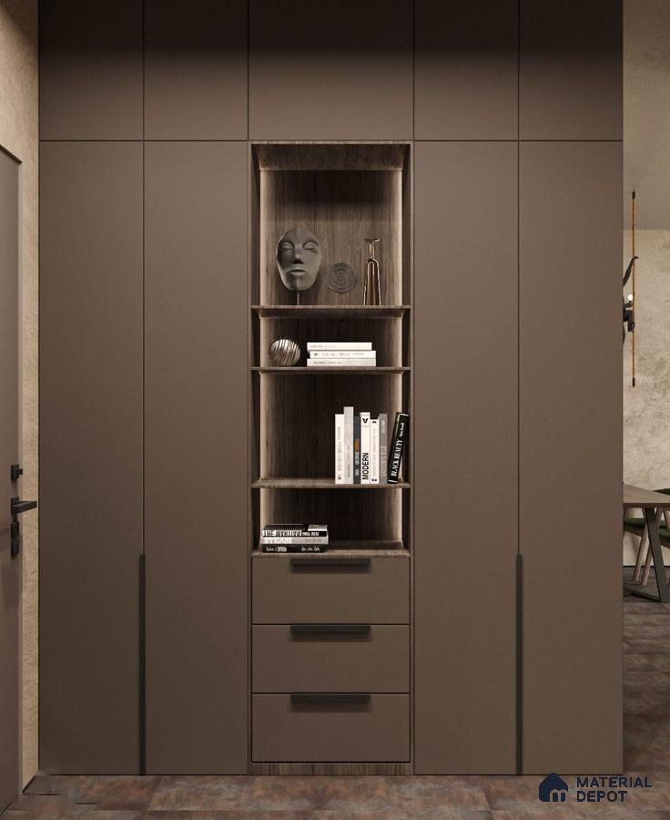 Minimalist wardrobe with matte taupe laminate and open wood grain shelving | Material Depot