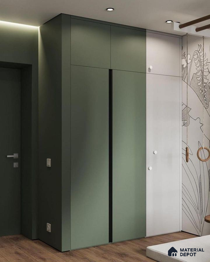 Minimalist wardrobe with sage green and frosty white laminate shutters and wooden floor | Material Depot