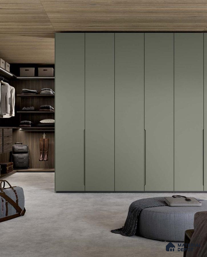 Minimalist wardrobe with sage green laminate shutters and walnut wood open shelving | Material Depot