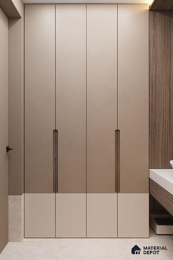 Minimalist wardrobe with taupe and beige solid color laminates and wood grain side panel | Material Depot