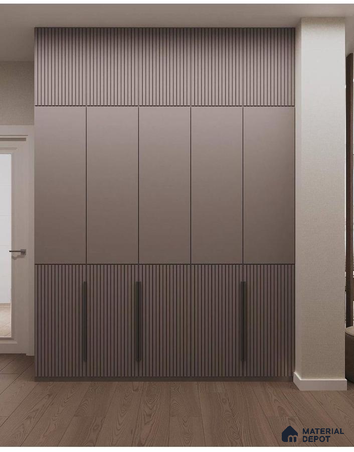 Minimalist wardrobe with taupe fluted laminate and matte finish in bedroom | Material Depot
