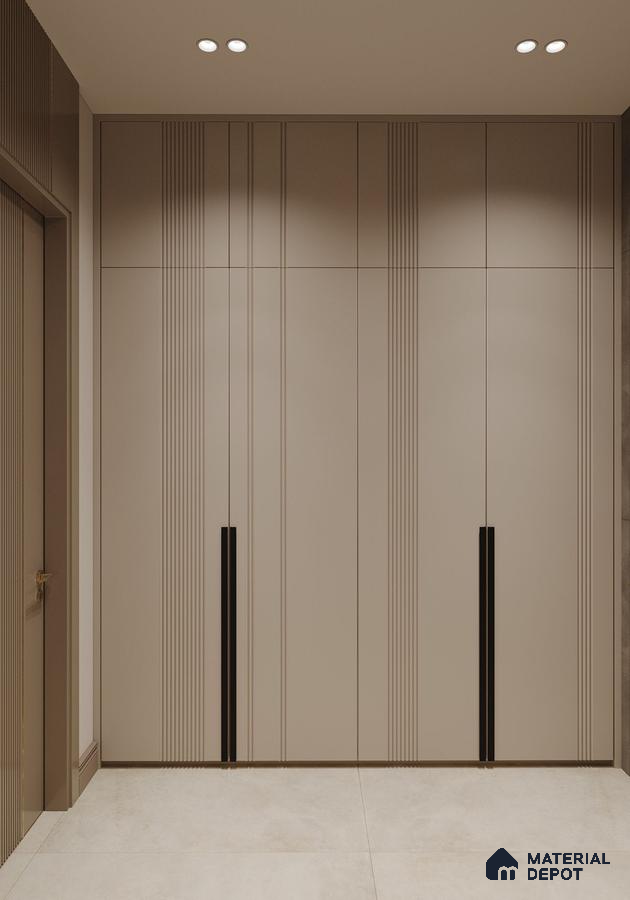 Minimalist wardrobe with taupe fluted laminate shutters and matte black handles | Material Depot