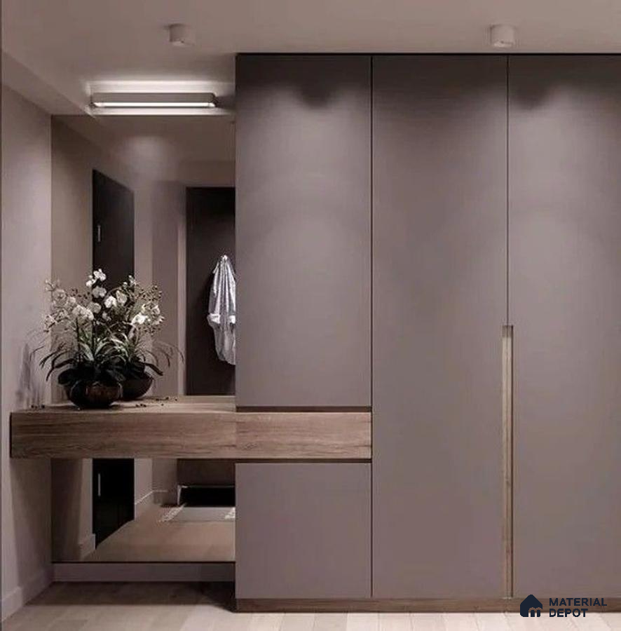 Minimalist Wardrobe with taupe matte laminate wardrobes and light oak console shelf | Material Depot