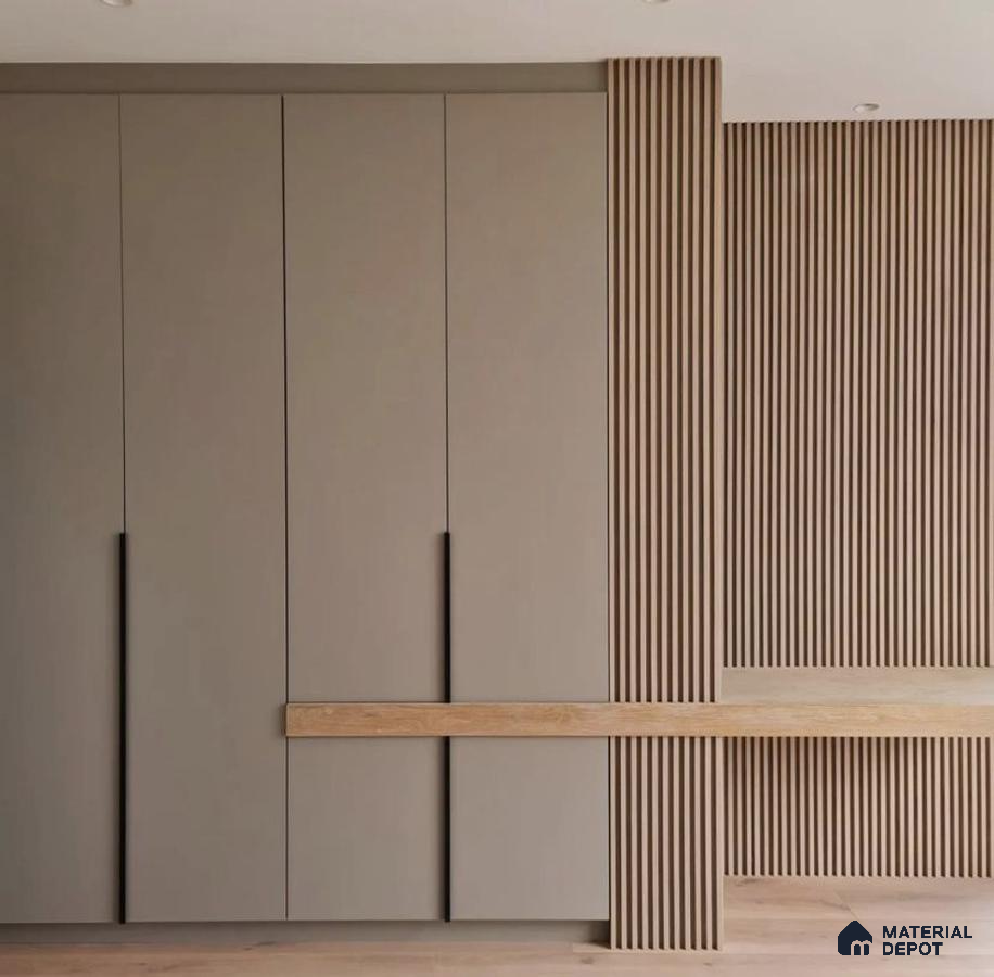 Minimalist wardrobe with taupe solid color laminate and light oak fluted wall panels | Material Depot