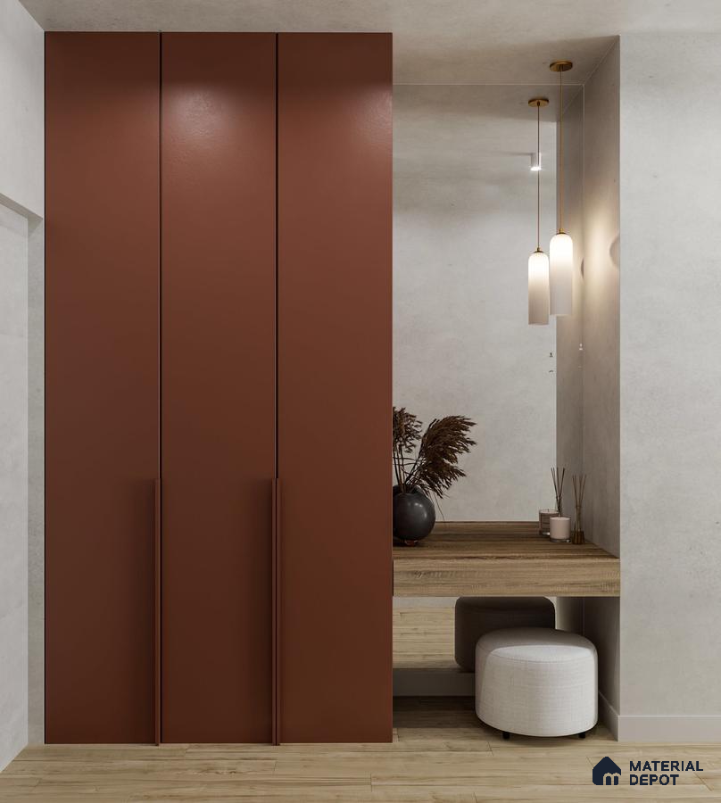 Minimalist Wardrobe with terracotta solid color laminate wardrobe and light oak wood console | Material Depot