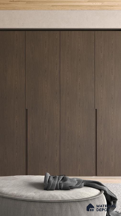 Minimalist wardrobe with walnut brown wood laminate shutters and light oak wooden flooring | Material Depot