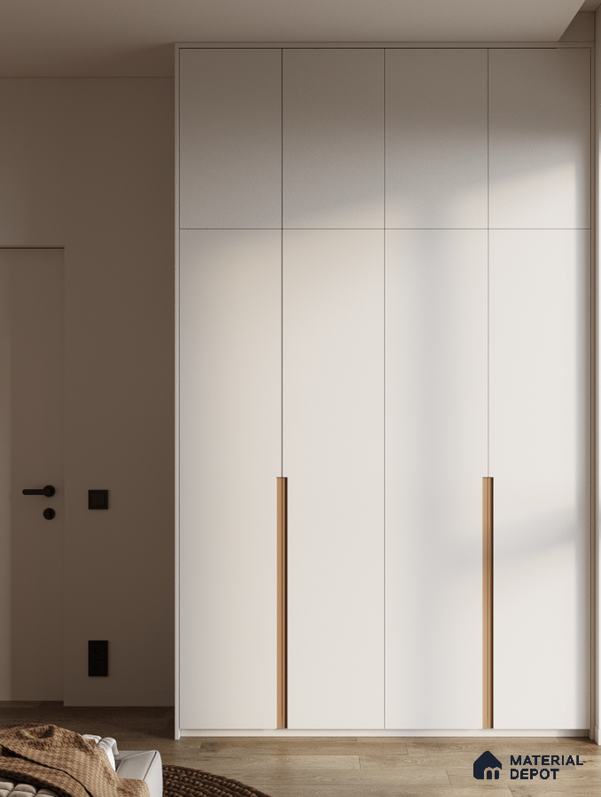 Minimalist white laminate wardrobe with wooden handles and light oak flooring | Material Depot